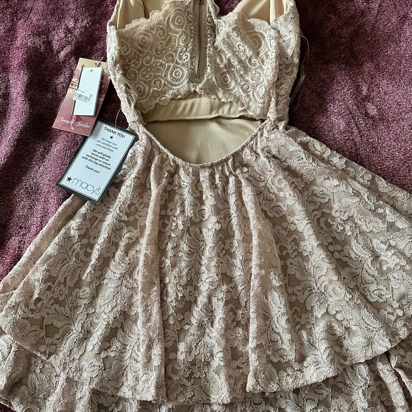 NWT Emerald Sundae by Macy’s khaki lace shimmer mini dress with zip up back - Picture 13 of 17